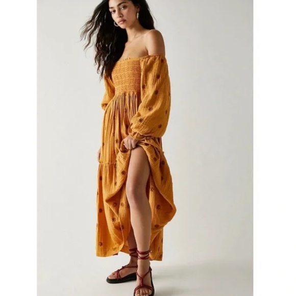 Free People Dresses & Skirts - FREE PEOPLE WOMENS MAXI DRESS DAHLIA MUSTARD YELLOW SIZE MEDIUM FLORAL SMOCKED